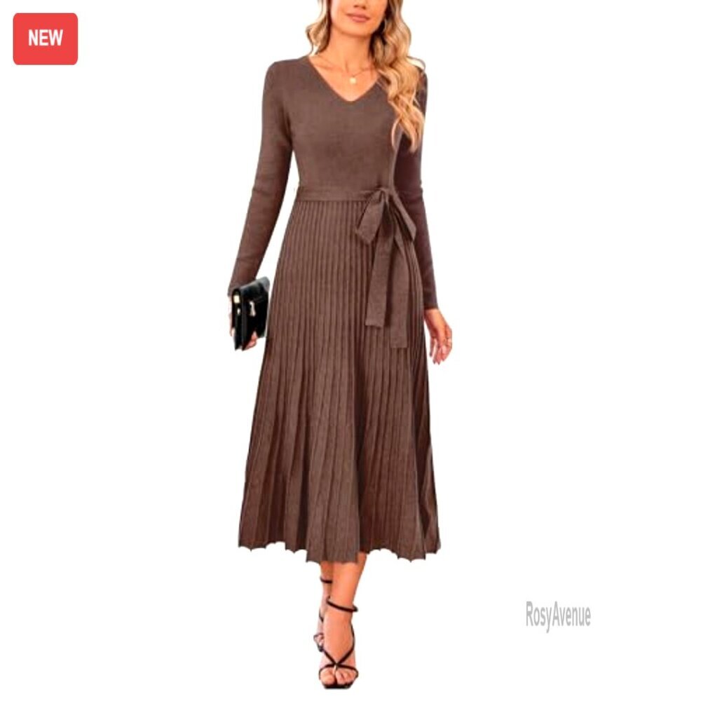 Wool Blend Tie Waist Pleated Sweater Dress, V-Neck Long Sleeve, Fall Winter - Picture 2 of 8